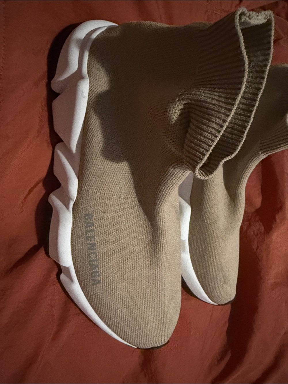 Balenciaga Women's Tan Knit Sock Sneakers with White Sole
